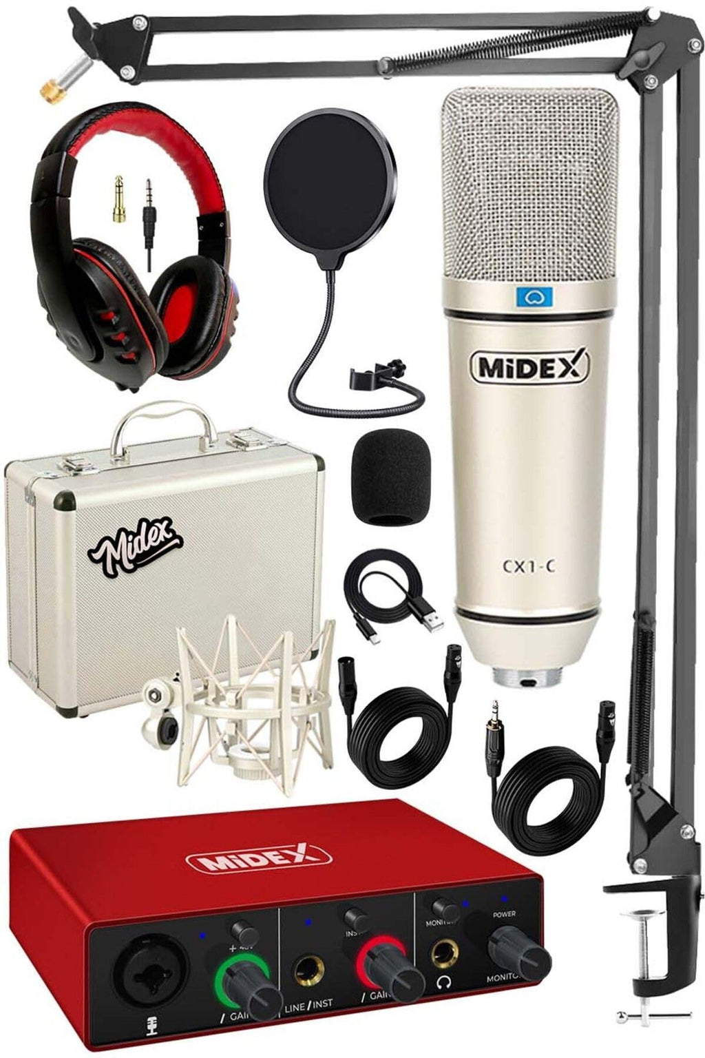 Studio Microphone Set with GLX-500 Pro Audio Interface Sound Card Wired Recording Kit Gray - Gray