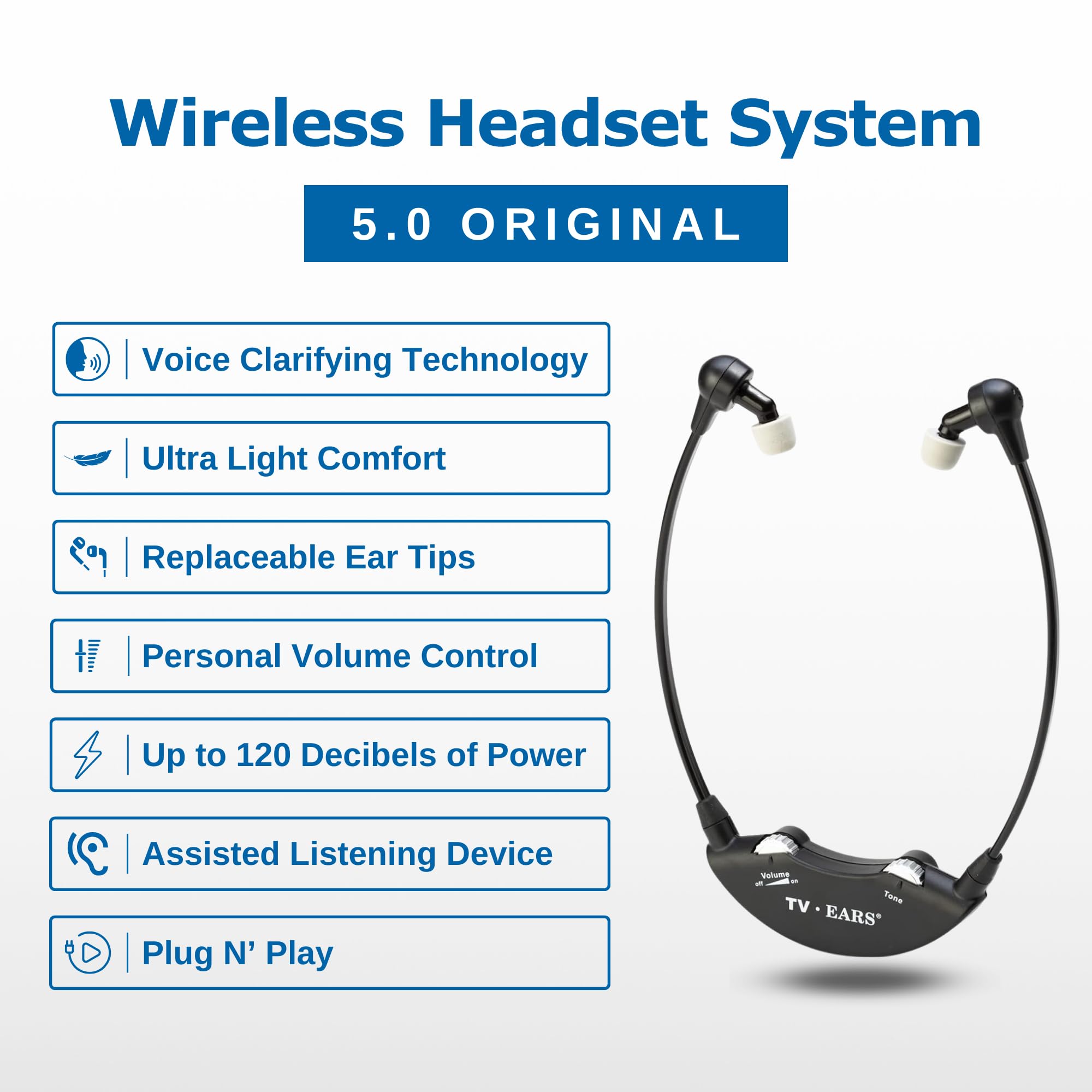 Analog Wireless TV Headset System with Earbud Tips